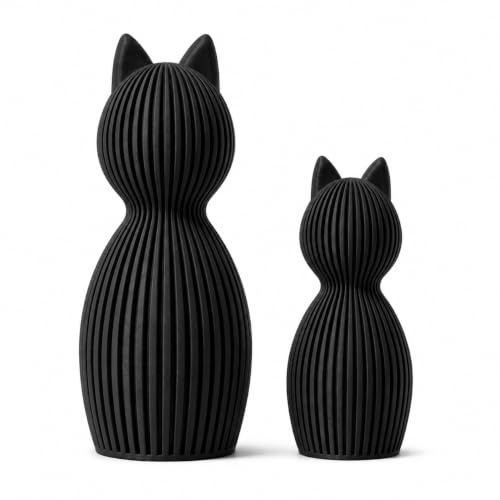 Minimalistische Katzenfigur Skandinavisch – 3D Druck Deko Katze | Modernes Japandi Design | Matte Oberfläche | Wohnzimmer Deko, Geschenkidee, Home Decor Figur (schwarz, Set aus 2)