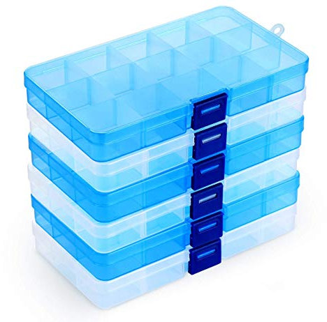 ilauke Set di 6 scatole di immagazzinaggio in plastica, 15 griglie divisorie con scomparti regolabili, scatola per organizzatore, contenitori per collane, orecchini, articoli per fai da te