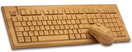 Ensemble Clavier et Souris sans Fil en Bambou, Bois Naturel, Toucher agréable, Facile à Utiliser, Fonctionnel décoratif et Original, Touches gravées dans Le Bois, Mac et PC, Azerty FR