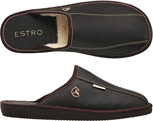 ESTRO Ciabatte Uomo Casa Pelle - Pantofole Uomo Casa Lana Ciabatte Vera Pelle Suola di Memoria Frost (46, Cacao Lana)