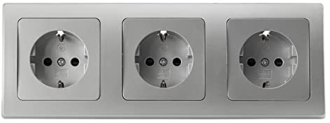 DELPHI Lot de 3 prises encastrées - Gris argenté - Montage encastré - 3 prises de contact de protection 250 V