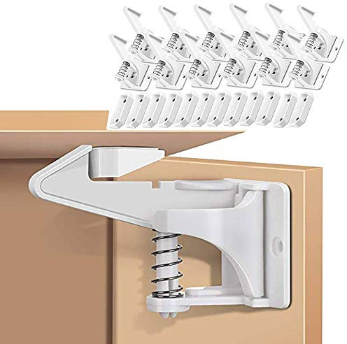 12 PCS Child Safety Cupboard Locks, Invisible & Unlocked Design No Drilling Needed, Adhesive Easy Install, Baby Proof Safety Cabinet Locks Inside for Children Drawer Kitchen Closet Latches (White)