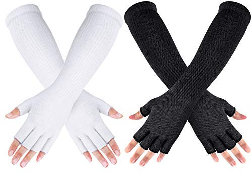 Geyoga 2 Paar Winter Fingerlos Fäustlinge Lange Thermo Strick Handschuhe Dehnbar Stricken Farbige Handschuhe für Männer Frauen, 11 Zoll (Weiß, Schwarz)