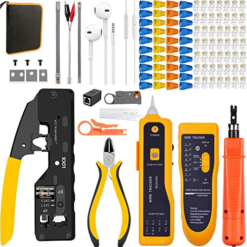 MAYLINE Alicates Crimpadora RJ45 Juego de herramientas de reparación de crimpado para RJ11/RJ12/RJ45, cortador de crimpado pasante de red Cat5/Cat6, pinzas cables Lan para la(amarillo)