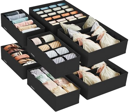 SONGMICS Lot de 8 Séparateurs de Tiroirs, Organiseur de Sous-vêtements Pliables, pour Soutiens-gorge, Culottes, Chaussettes et Cravates, Boîtes de Rangement en Tissu pour Armoires, Noir RUS008B01