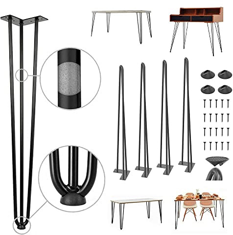 Lucn Lot de 4 pieds en épingle à cheveux de 86 cm - 3 barres - Pieds de meubles noirs - Pieds de console et de table de comptoir en métal - Hauteur de barre de comptoir en épingle à cheveux - Pieds de