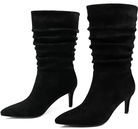 JOY IN LOVE Women's Low Heel Boots, Mid-Calf High Wrinkled Slouchy Boots Black-S US 7.5
