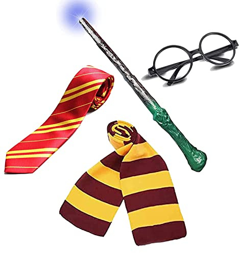 JMOCD Lot de 4 costumes de magicien avec lunettes rondes noires, cravate, écharpe et baguette magique pour Halloween, carnaval, fête à thème, anniversaire, mascarade