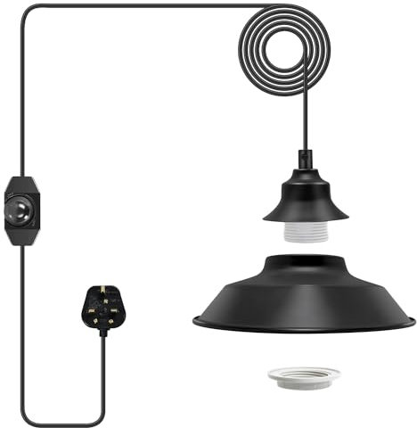 Pendant Light Ceiling Lampshades, Plug in Pendant Light Fitting E27 Lamp Holder Hanging Light with 450cm Cable, DIY Shade Black Light Fittings with On/Off Switch Dimmable Loft Light (with Lampshade)
