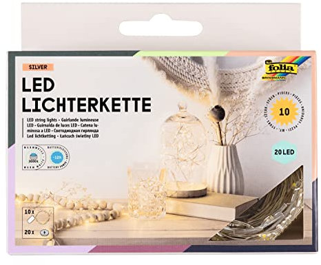 folia 98710X Catena Luminosa Micro-LED con 20 LED Ciascuno in Bianco Caldo, Lunghezza Circa 2,20 M Illuminazione LED in Filo d'Argento, incl. 20 Batterie