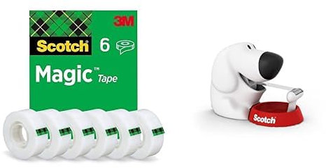 Scotch Tischabroller in Hundeform, Weiß, mit 1 Rolle und Scotch Magic Tape, 6 Rollen Klebeband, 19 mm x 33 m – Unsichtbares Klebeband für Büro, Schule, Reparatur, Etikettierung und Basteln