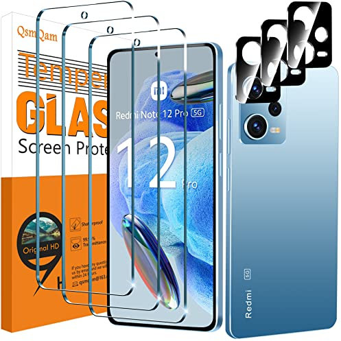 QsmQam 3 Piezas Protector de Pantalla para Xiaomi Redmi Note 12 Pro 5G (No apto 4G) con 3 Piezas Protector de Lente de Cámara, Ultra HD Cristal Templado, Dureza 9H, Anti Arañazos, Sin Burbujas