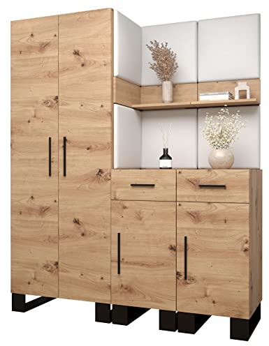 MEBLE KRYSPOL Garderobe Artin Set 7 mit gepolsterten Paneelen Industriell Design (Artisan Eiche + weißes Öko-Leder)