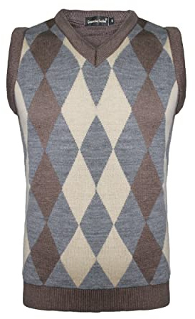 New Men Sleeveless Knitted V-Neck Argyle Pattern Jumper Top Sweater Vest with Ribbed Edge UK Size S M L XL[Mocha-Silver,L ]