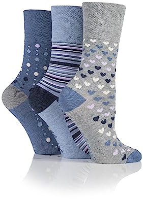 Gentle Grip SOCKSHOP Ladies Soft Top Patterned and Striped Soft Breathable Bamboo Socks in a Multipack of 3 Denim 4-8