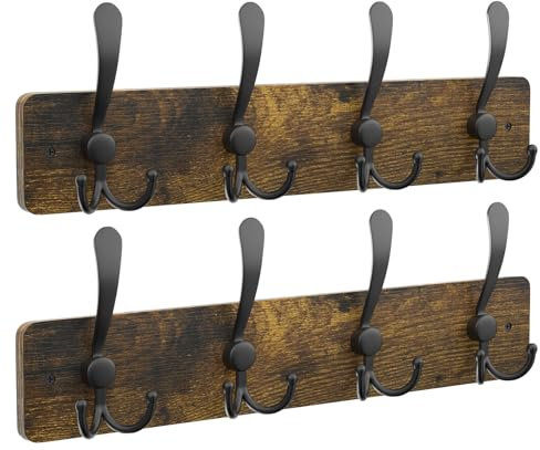 YMYNY Garderobenhaken, 2 Stück in einem Paket, Garderobenleiste mit 8 Dreifachhaken in Schwarz, Holz, Wandgarderobe für Mäntel, Jacken, Hüte, Taschen, für Flur, Badezimmer, Rustikal Braun HWS005H-2