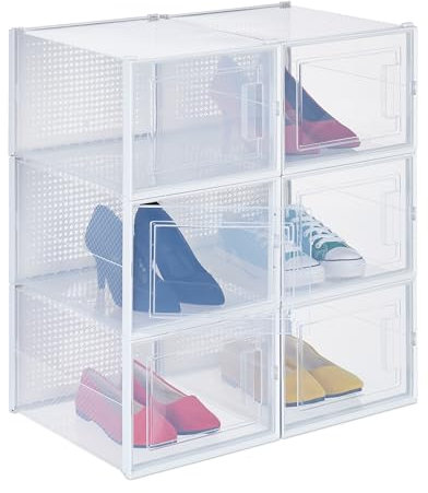 Relaxdays Schuhboxen 6er Pack, mit Tür, Schuhorganizer, stapelbar, Schuhe bis Größe 48, Lüftungsschlitze, transparent