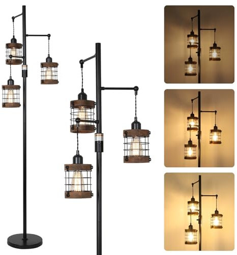 Airposta Dimmable Floor Lamps for Living Room, 3-Light Industrial Floor Lamp with Wood & Metal Cage, Farmhouse Standing Lamp Tall Tree Lamp for Bedroom Office, Rustic Black Tall Floor Lamp for Corner