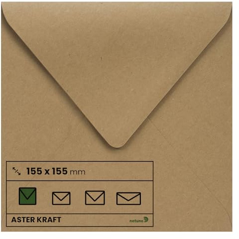 Netuno 100 quadratische Briefumschläge Kraftpapier Naturbraun 155 x 155 mm 100g Aster Kraft schöne Briefumschläge Vintage quadratisch Einladungs-Umschläge Hochzeit Weihnachten Geburtstag Ostern | 100g Aster Kraft · hochwertige sandbraune Kuverts aus recyceltem Papier für Hochzeit, Einladungen, Grußkarten & Weihnachten
