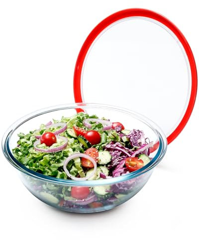 NUTRIUPS 3-Quart Large Glass Salad Bowls with Red Lid, Serving Bowl with Lid