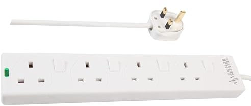 ShaniTech 4 Gang Way, 1m Metre, 13A, Surge Protected, Individually Switched, Mains Power Extension Socket Lead Cable, Wall Mountable, White