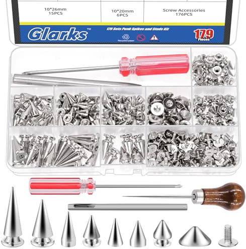 Glarks 355pcs Silver Punk Spikes and Studs Kit, 7 Sizes Zinc Alloy Cone Spike and Stud Rivet, Metal Leather Tree Spikes Studs with Scratch Awl Screwdriver Punch for Punk Clothing Jacket Shoes Wallet