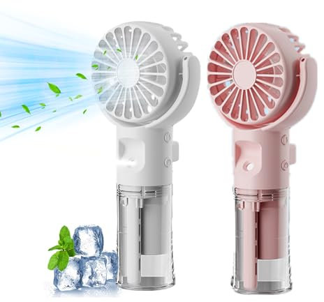 Handventilator Mit Wasser | Tragbarer Handventilator USB Wiederaufladbar | Hand Fan Mit 4 Geschwindigkeiten | 800 MAh Powerbank Batteriebetrieben Max 12 Hrs Runtime Taschenventilator (Weiß+Rosa)