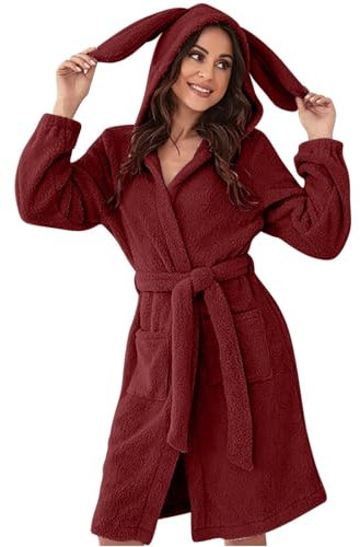 Damen-Bademantel aus Flanell, warmer Morgenmantel für Damen, Schlaf-Kapuzenpullover mit Ohren, Flanell-Pyjama mit Taschen und Gürtel, Winter-Bademantel, Schlafmantel, Fleece, warm, gemütlich, lockere