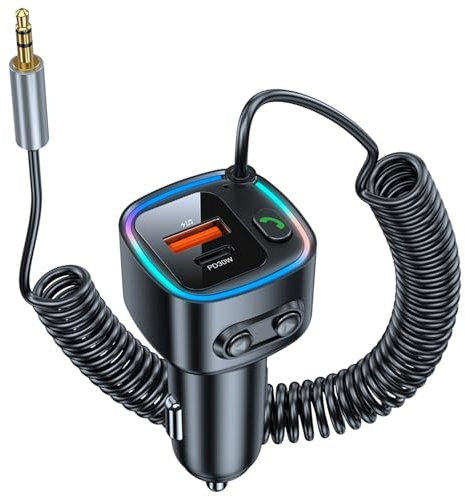 Aux Bluetooth 5.4 Adapter Auto Bluetooth Empfänger Klinke 3.5mm für Freisprechanruf und Wireless Musik Kompatibel Schnellladung AutoLadegerät 42W (PD 30W&QC 12W) HiFi-Stereo U-Disk RGB Umgebungslicht