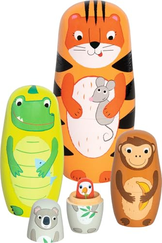 goki 60661 – Matroschka dockor tiger Tavi och hans vänner av trä, djur-stapelspel klassiker, pedagogiska leksaker för att främja motoriska färdigheter och storleksförståelse, set om 5, från 2 år