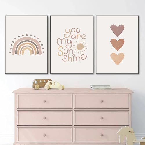 champracer 3er Set Bilder Kinderzimmer Rosa Wandbilder Poster Babyzimmer Deko Boho Regenbogen Wandposter Wohnzimmer Kunstposter Ohne Rahmen Leinwandbild Jungen- und Mädchenzimmer (21x30 cm,Rosa)