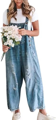 yoeasy Womens Denim Bib Overall Wide Leg Baggy Jeans Adjustable Strap Distressed Casual Loose Overalls Jumpsuit (Small, Blue)