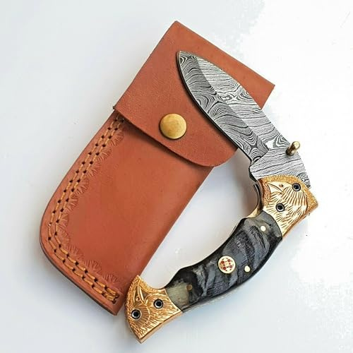 CRAFTOMATIK Golden Adler Damast Stahl Taschenmesser | Klappmesser | Widderhorn, Gravierte Edelstahl, Mosaik Stift Griff | Handgefertigt Outdoor Damastmesser Camping Messer | FK36