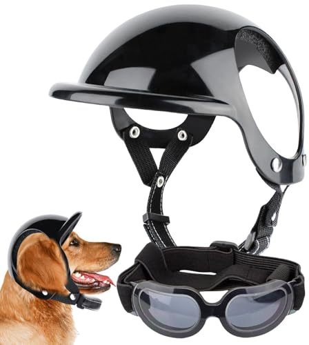 Hundebrille, Hundesonnenbrille und Haustierhelm, Set mit Hundebrille, Haustier-Sicherheitskappe mit verstellbarem Riemen für Motorradfahren, Spazierengehen, Kopfbedeckung für kleine, mittelgroße und