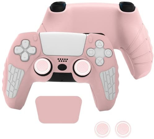 wigmoa XP-1 - Custodia in silicone per controller PS5, con impugnature per pollice, protezioni per joystick e skin antiscivolo, compatibile con PS5 (rosa chiaro/bianco)