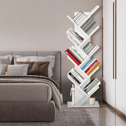 Rigogo Tree Bookshelf, 8-Tier Floor Standing Book Shelf Bookcase for CDs Albums Books, for Living Room, 40x20x125cm, Easy to Clean, White