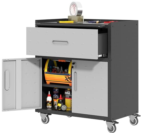 BIZOEIRON Armadio porta attrezzi, armadio in metallo con ruote, armadio per garage con 2 porte e 1 cassetto, armadio da officina mobile, montaggio richiesto, Nero & Grigio