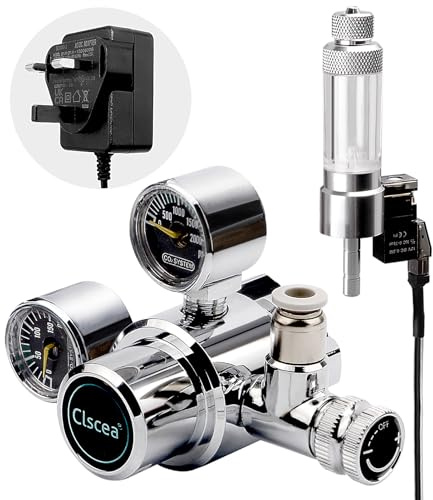 Clscea Aquarium CO2 Regulator Dual Gauge with Bubble Counter and Solenoid Valve, Side-Opening Radial Solenoid W21.8 CO2 Regulator for Aquarium