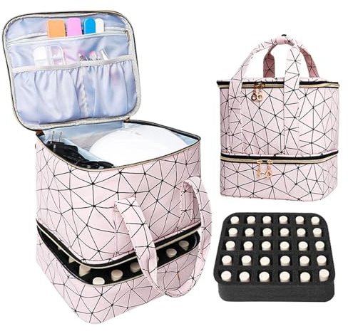 Nagellack organiseringsväska rymmer 30 flaskor 24,5 x 21 x 26 cm PU-läder nagellack förvaring organisatör dubbla lager nagellack hållare resa bärväska låda nageltillbehör organiserare för