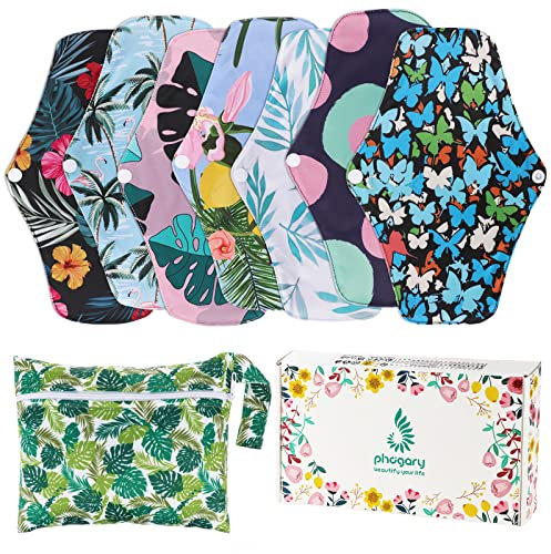 PHOGARY Reusable Sanitary Pads Set with Wings, Bamboo Cloth Pads for Heavy Flow with Wet Bag, Washable Overnight Cloth Panty Liners - 7 in 1, 26 cm, 4 Layers
