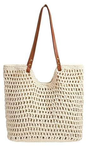 Mabecol Strandtasche Damen, Große Handtasche Damen, Leichte Schultertasche, Boho Shopper Tasche, Sommer Tasche Geflochten, Einkaufstasche Beach Bag (Beige)