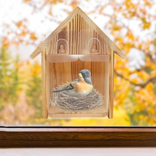 BAODBF Vogelhaus Fenster Saugnapf,Nistkasten für Vögel für Draußen Wetterfest,Meisen Nistkasten Holz mit Transparente Fenster,Vogelhäuschen zum Aufhängen Wetterfest,21×13×12.5cm