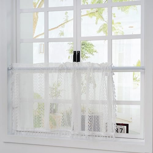 HiSnug Lace Sheer Curtain Weiß Boho Vorhang Kurzgardine Bistrogardine im Bauernhaus-Stil mit Stabtasche, Spitze Häkelgardine Kurzstore Gardine Mit Quasten, H60 x B90 cm - 1 Stück