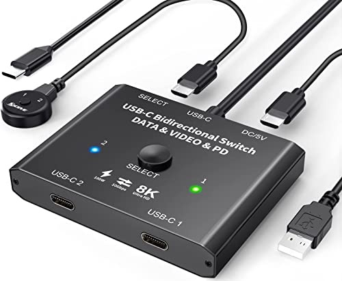 USB C Switch 2 PC 8K@60Hz, Bidirektionaler USB C Switcher für 2 PCs, 10Gbps | 2 in 1 out/1 in 2 out USB Switch 10Gbps Datenübertragung, 100W Aufladen, Type c KVM Switch mit Wired Remote & 2 USB-C cables