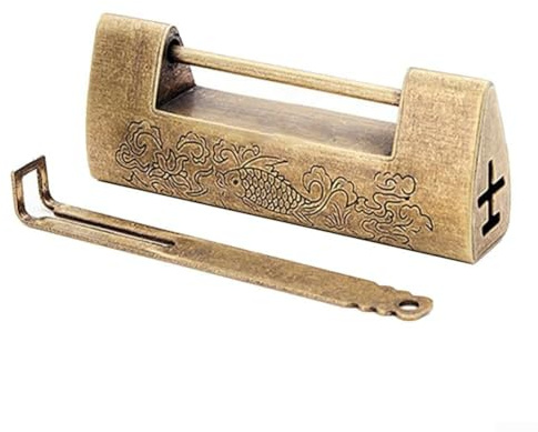 Niceminiwall Antique Brass Padlock with Vintage Chinese Design for Jewelry Boxes and for mini Cabinets, Horizontal Latch Lock with Key Included, Made of Quality Brass(Bronze)