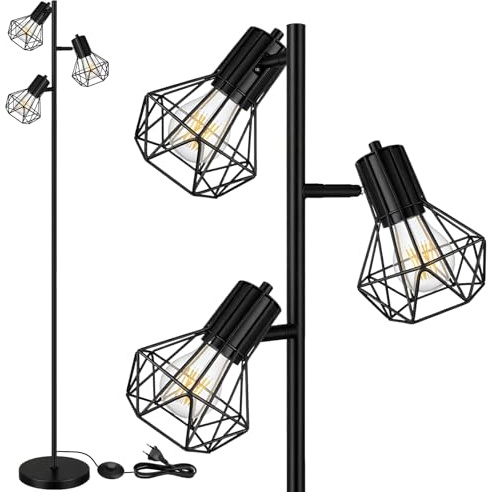 HiBay Stehlampe LED E27 3 Flammig Stehleuchte Schwarz Industrial Floor Lamp mit Fußschalter Stehlampen Rustikale für Wohnzimmer, Schlafzimmer, Büro(Ohne Leuchtmittel) | LED Floor Lamp Rustikale mit Stecker Industriell Metall 230V Max. 60 Watt für Wohnzimmer Schlafzimmer Büro Ohne Leuchtmittel
