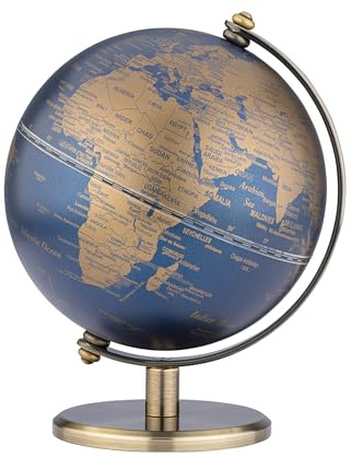 TROIKA Globus gold blau 13 cm Durchmesser GAGARIN physische Karte topographische Darstellung antikgoldener gebürsteter Metallfuß und bewegliche Achse aus Kunststoff und Metall - Troika Original