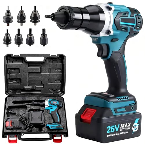 HNBYLMM Remachadora eléctrica inalámbrica para Tuercas con batería de 5.2 Ah, Kit de Remachadora ciega sin escobillas para Tuercas de 1/8, 5/32, 3/16, 1/4, 5/16, 3/8 y 1/2