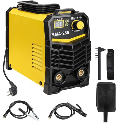 Soldador MMA 250A, Soldador de arco eléctrico de 220 V, IGBT Poste Soldador Inverter con pantalla LED, Máquina de soldadura portátil para uso doméstico, bricolaje y soldadura de acero (amarillo)