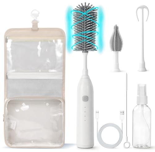Electric Baby Bottle Brush Set - Soft Baby Bottle Brush - Brushless Motor for Long Battery Life & Sturdy Work | Wet & Dry Separation | Wall‑Mounted Storage | Suitable for Travel & Home - Grey